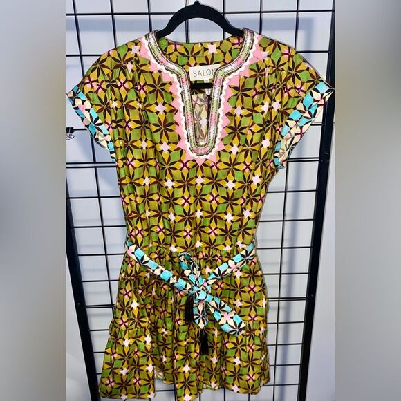 Saloni Ashley B Cotton Poplin Dress in Multicolored Pattern with Belt NWT - Picture 1 of 10